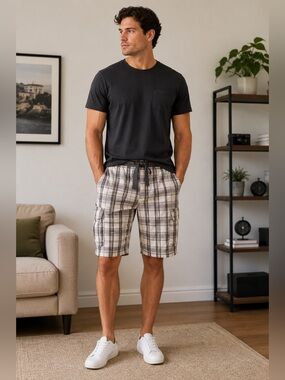 GUESS Men’s Plaid Cargo Shorts Size 34 Gray White Y2K Streetwear Drawstring